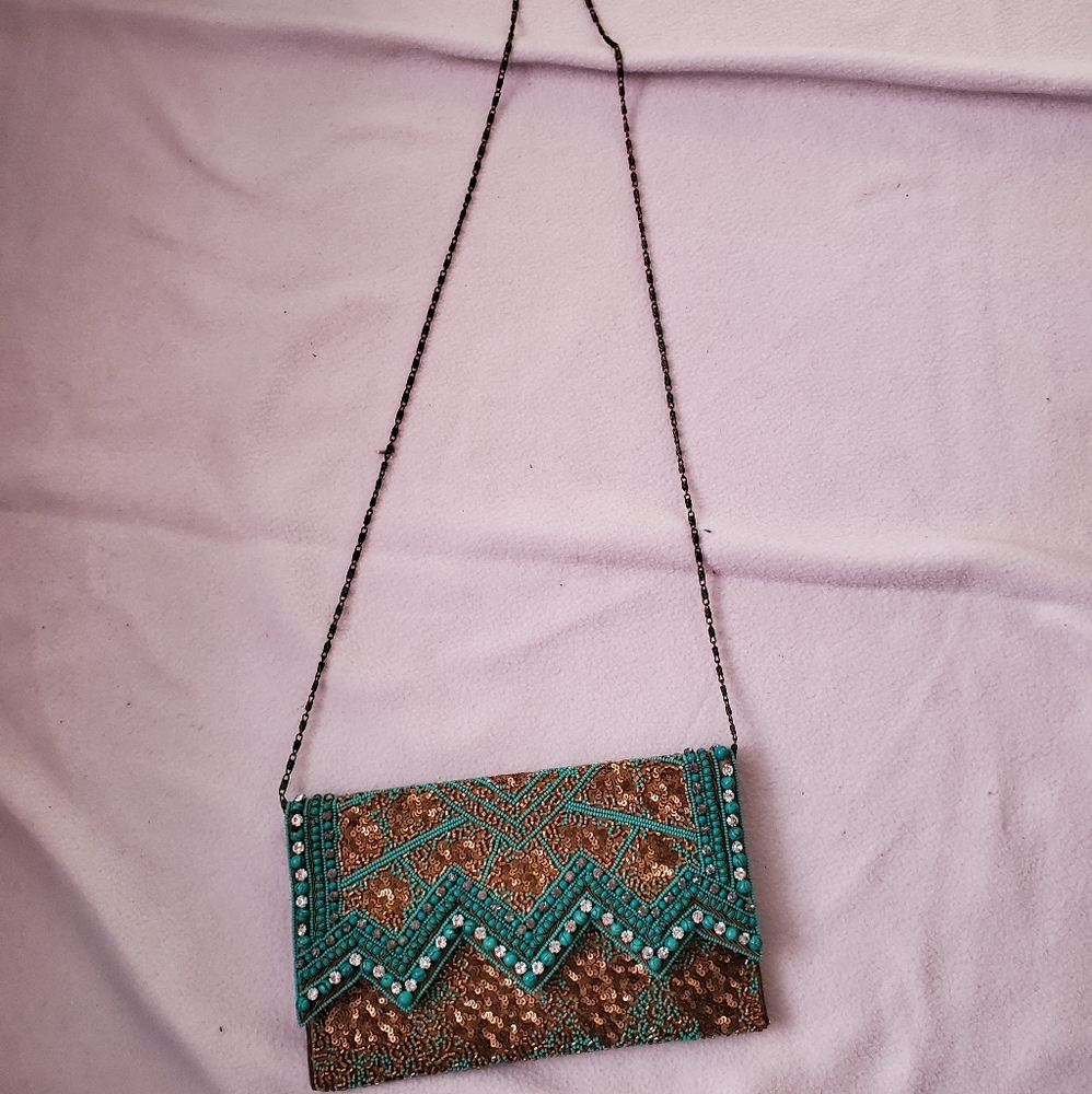 Crossbody clutch purse with rhinestones turquoise